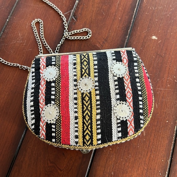 Hard Shell Artsy Boho Purse with Chain Strap and Coin Details Cotton Exterior - Picture 2 of 5